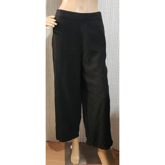Dip Crop Pants For Women Size 12 Black Color Pockets Elastic Waist 55% Linen - Picture 1 of 12